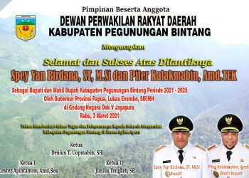 DPRD Pegunungan Bintang Mengucapkan Selamat dan Sukses Atas Pelantikan Bupati dan wakil Bupati Terpilih,Spey Yan Birdana,ST,M.Si dan Piter Kalakmabin, Amd.TEK