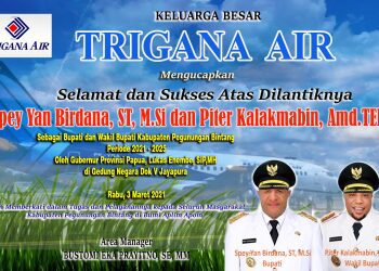 PT. Trigana Air Mengucapkan Selamat dan Sukses Atas Dilantiknya Bupati dan Wakil Bupati Kabupaten Pegunungan Bintang